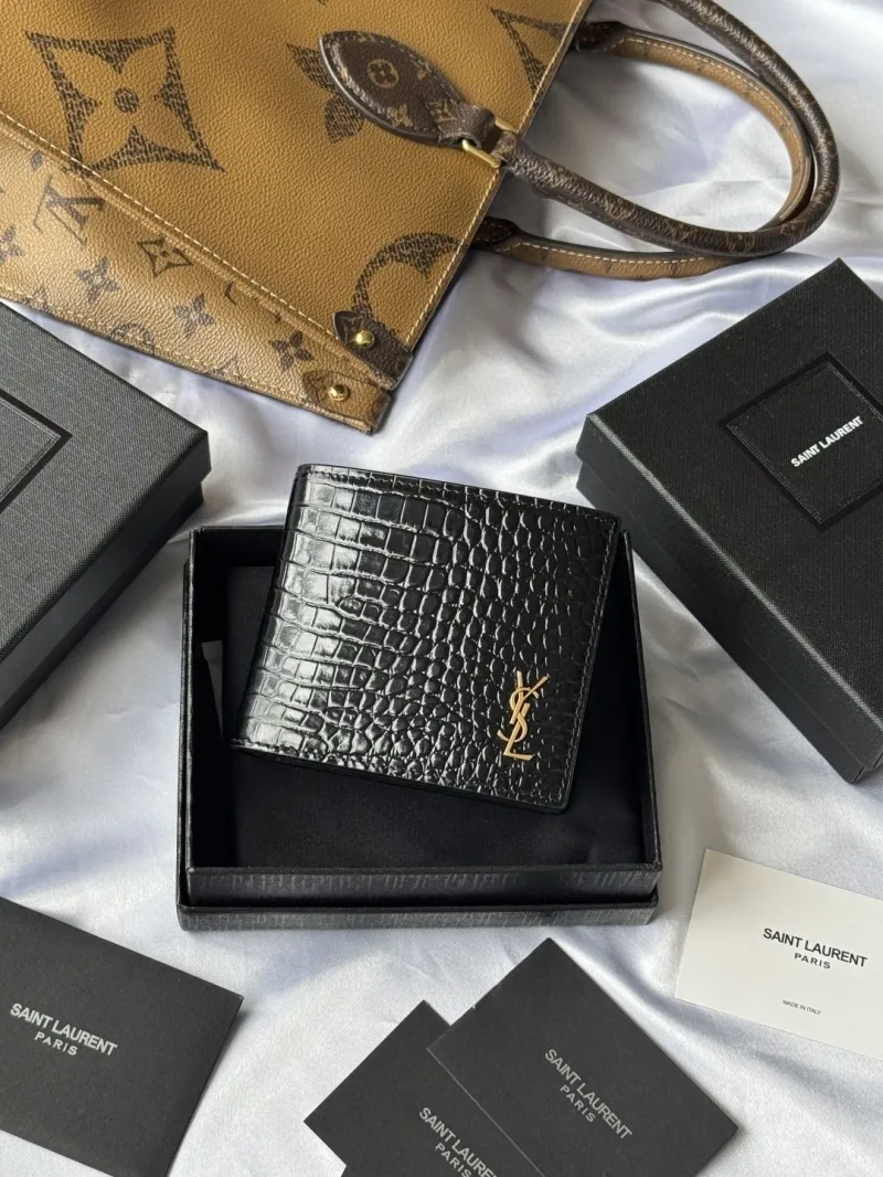 YSL Black Crocodile Embossed Leather Bifold Wallet