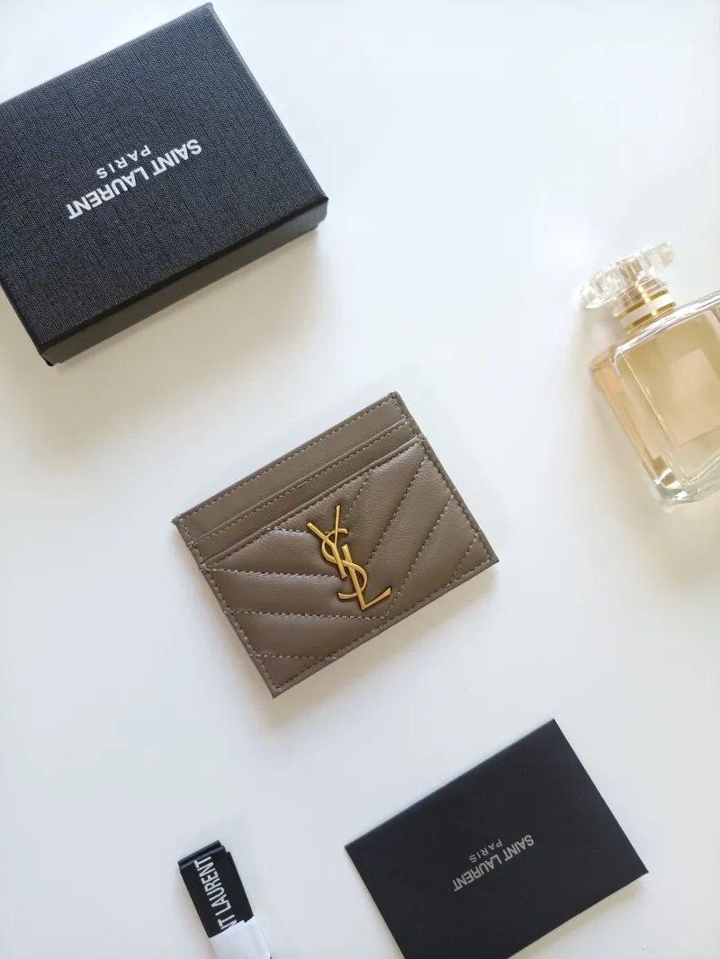 Saint Laurent Taupe Quilted Leather Card Holder