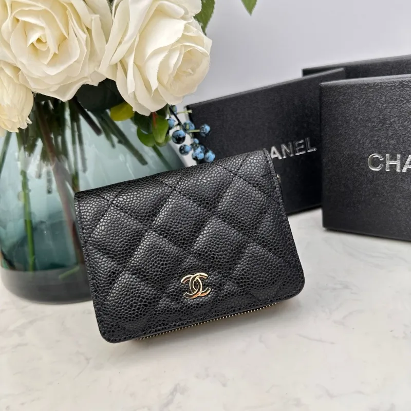 Chanel Black Quilted Caviar Zip Around Small Wallet