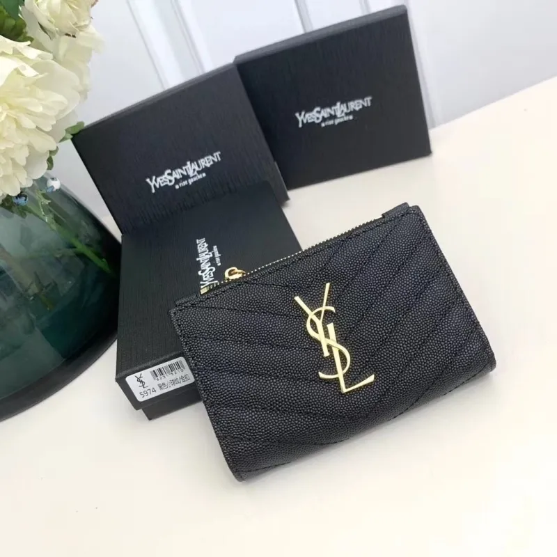 YSL Black Leather Zipped Wallet 5974