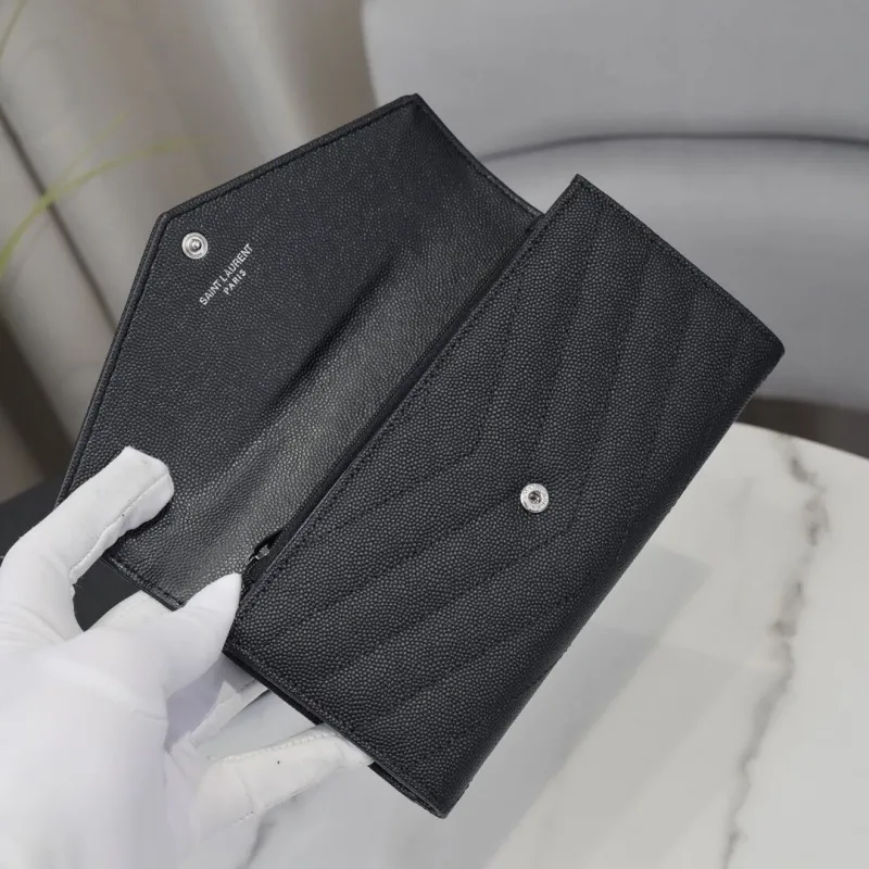 YSL Black Leather Long Flap Wallet - Image 6