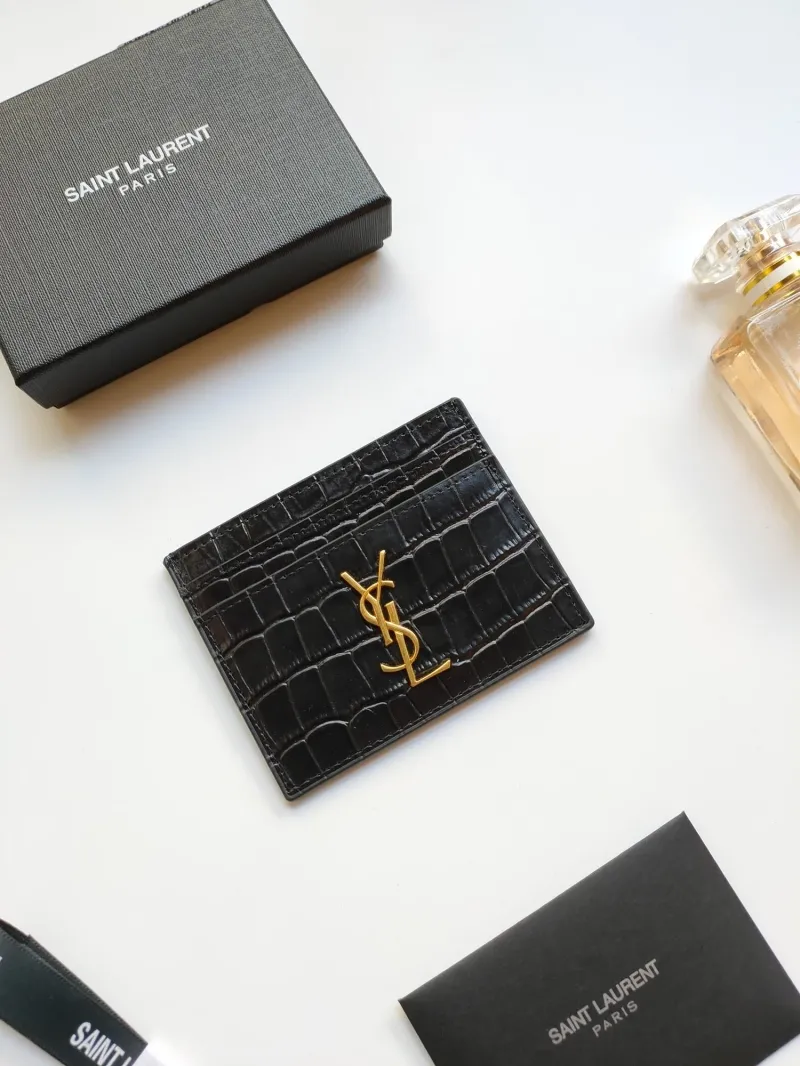 Saint Laurent Black Croc Embossed Card Holder