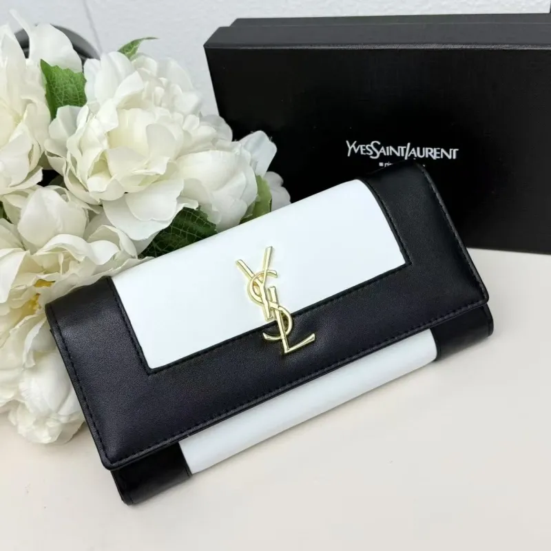 YSL Black White Leather Long Wallet