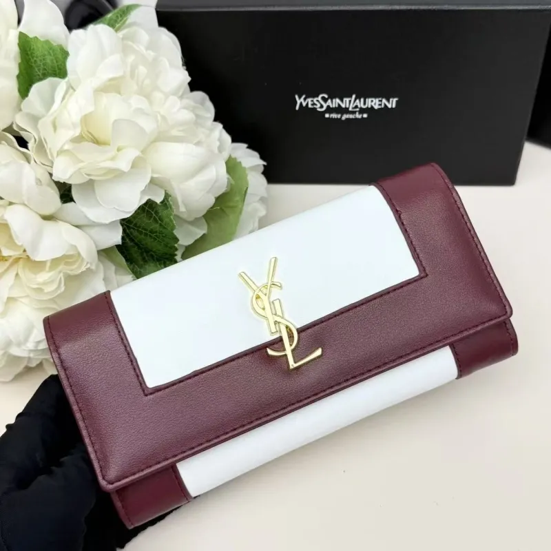 YSL White Burgundy Leather Long Wallet 301