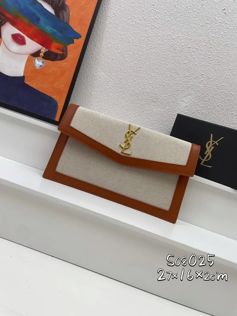 YSL Beige Brown Canvas Leather Clutch Bag S08025
