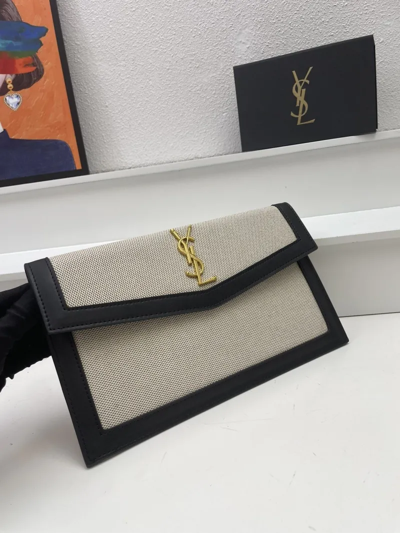 YSL Beige Black Canvas Leather Clutch Bag S08025 - Image 3