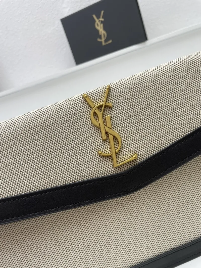 YSL Beige Black Canvas Leather Clutch Bag S08025 - Image 4