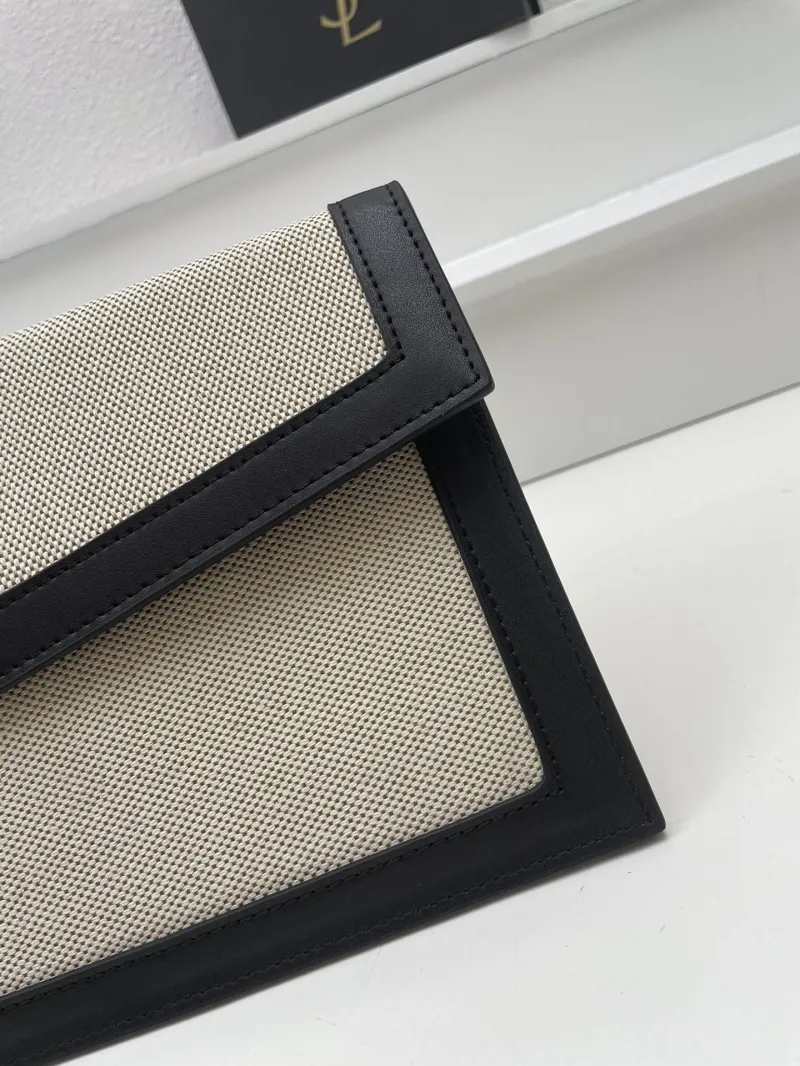 YSL Beige Black Canvas Leather Clutch Bag S08025 - Image 5