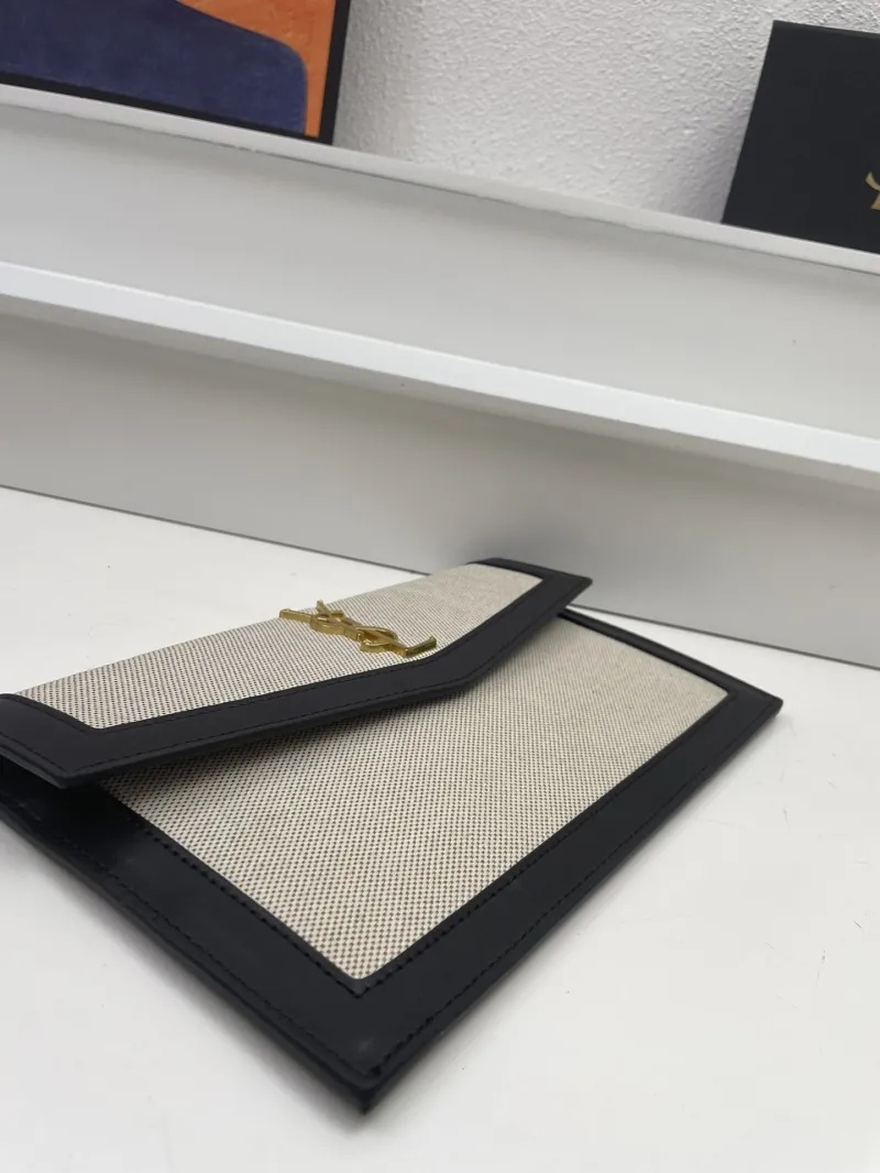 YSL Beige Black Canvas Leather Clutch Bag S08025 - Image 7