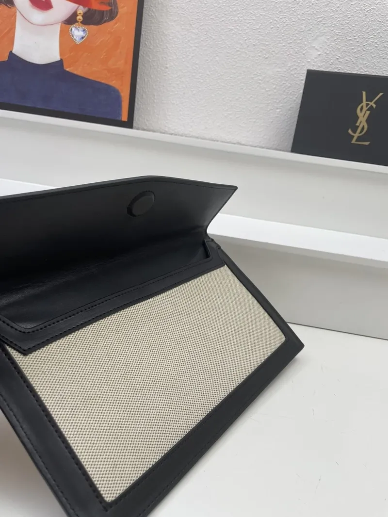 YSL Beige Black Canvas Leather Clutch Bag S08025 - Image 8