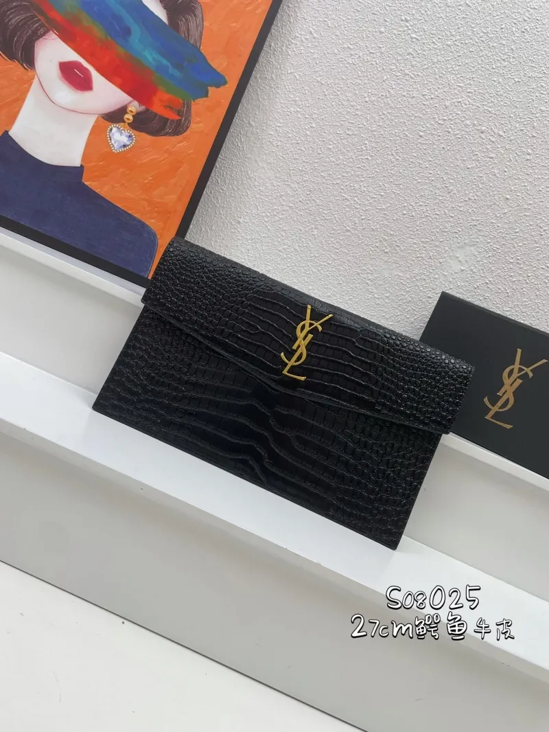 YSL Black Crocodile Leather Clutch Bag S08025 27cm