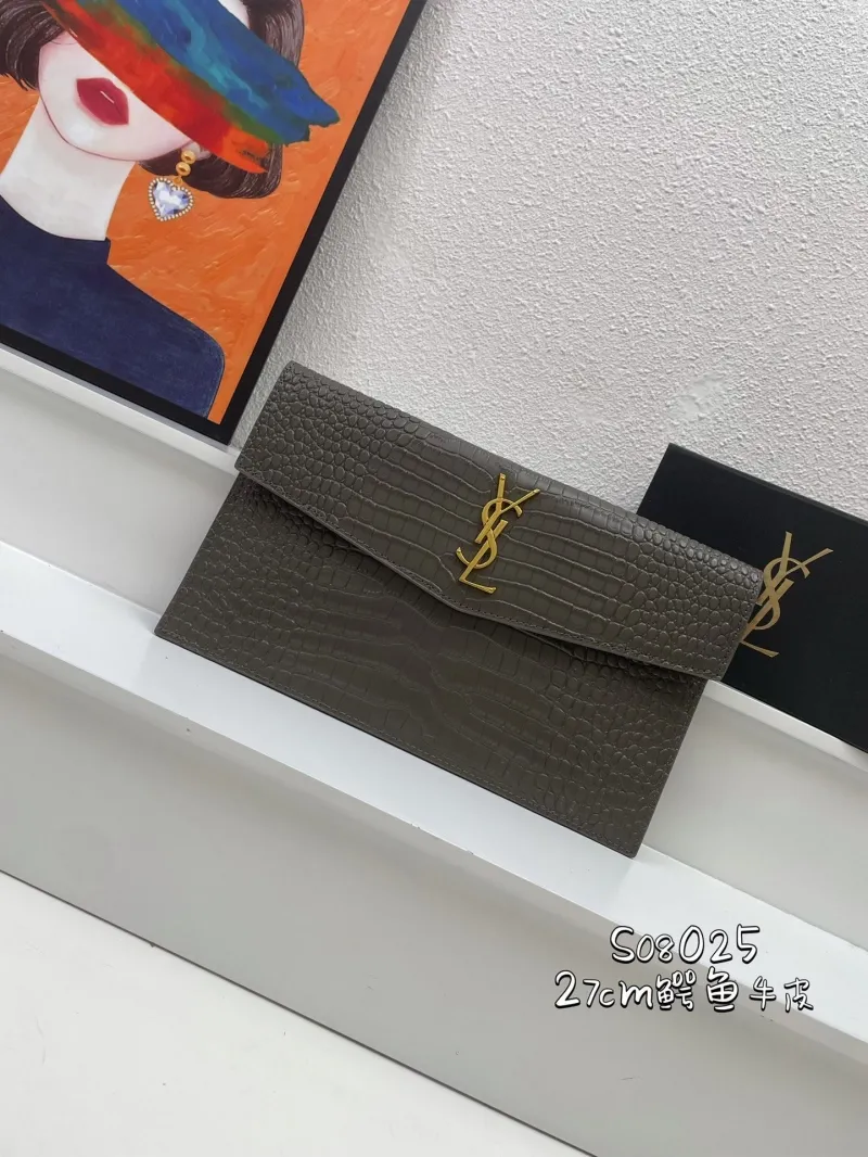 YSL Crocodile Embossed Leather Clutch S08025 Gray 27cm