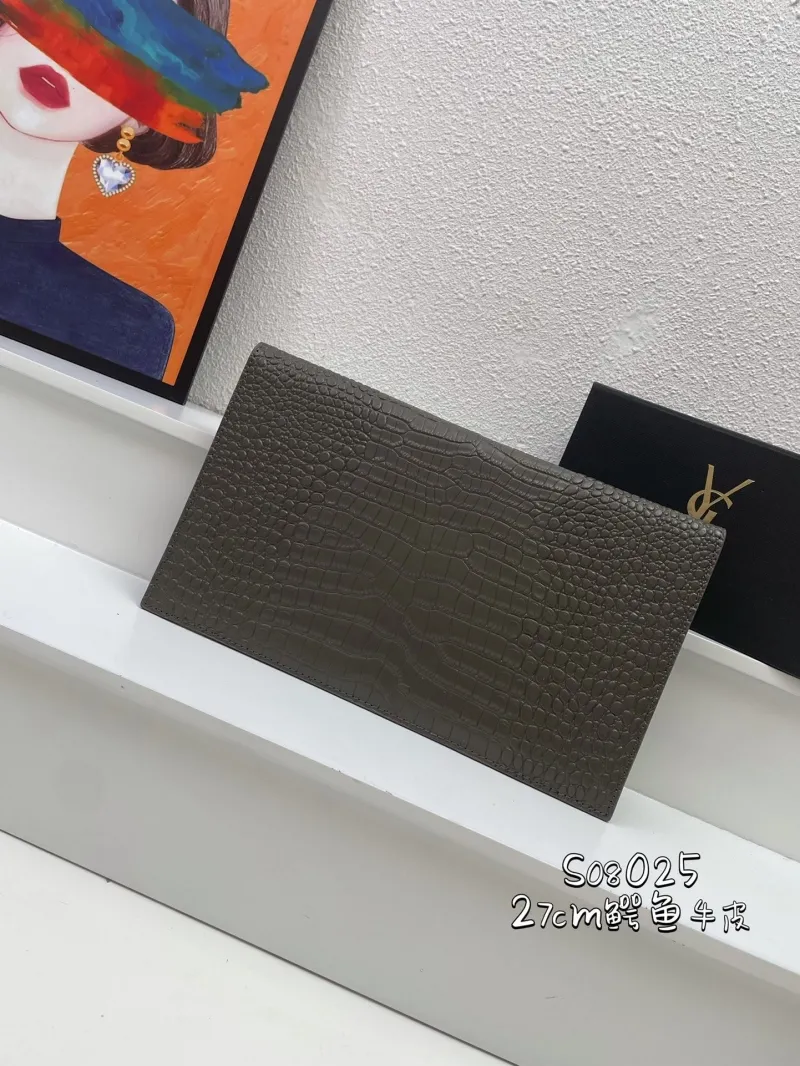 Alternative view of YSL Crocodile Embossed Leather Clutch S08025 Gray 27cm