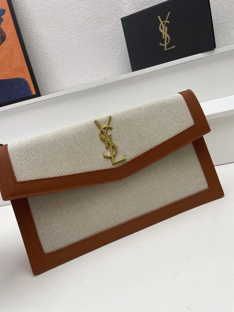 YSL S08025 Beige Brown Canvas Leather Clutch Bag - Image 3