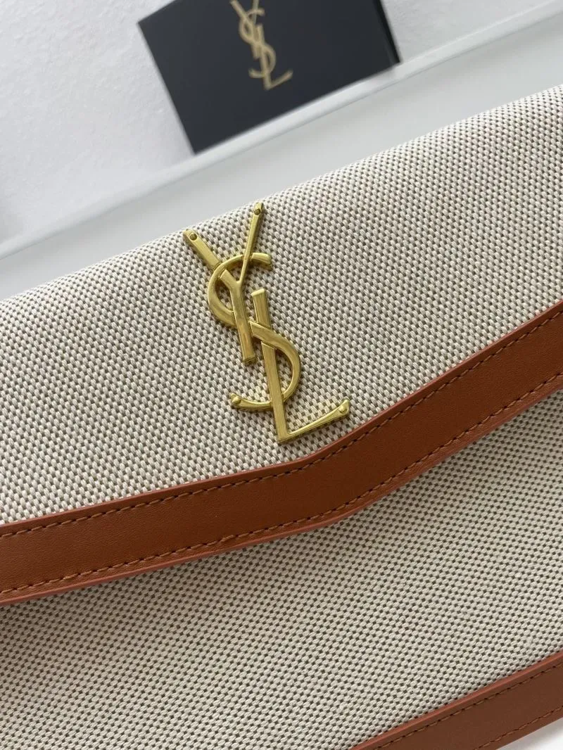 YSL S08025 Beige Brown Canvas Leather Clutch Bag - Image 4