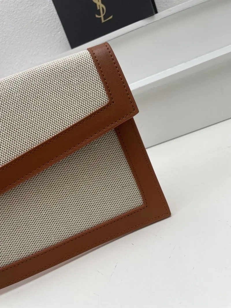 YSL S08025 Beige Brown Canvas Leather Clutch Bag - Image 5