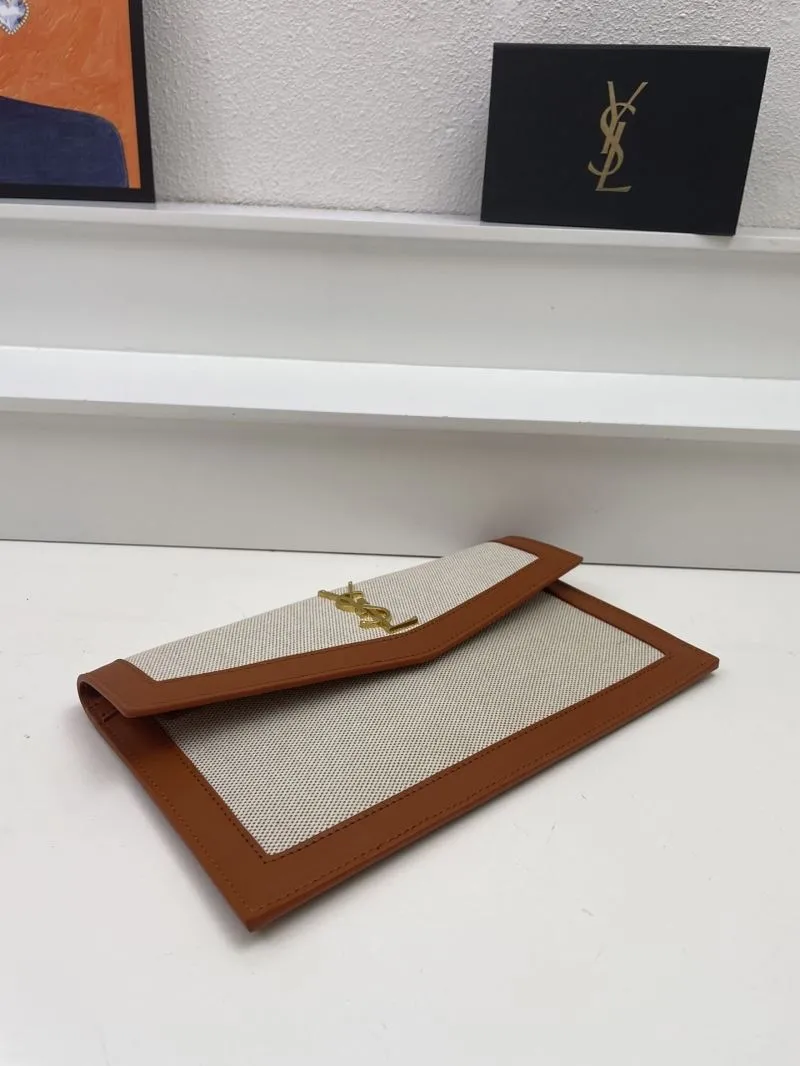YSL S08025 Beige Brown Canvas Leather Clutch Bag - Image 6