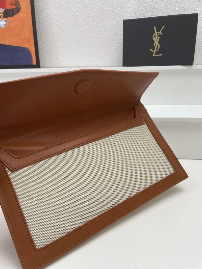YSL S08025 Beige Brown Canvas Leather Clutch Bag - Image 7