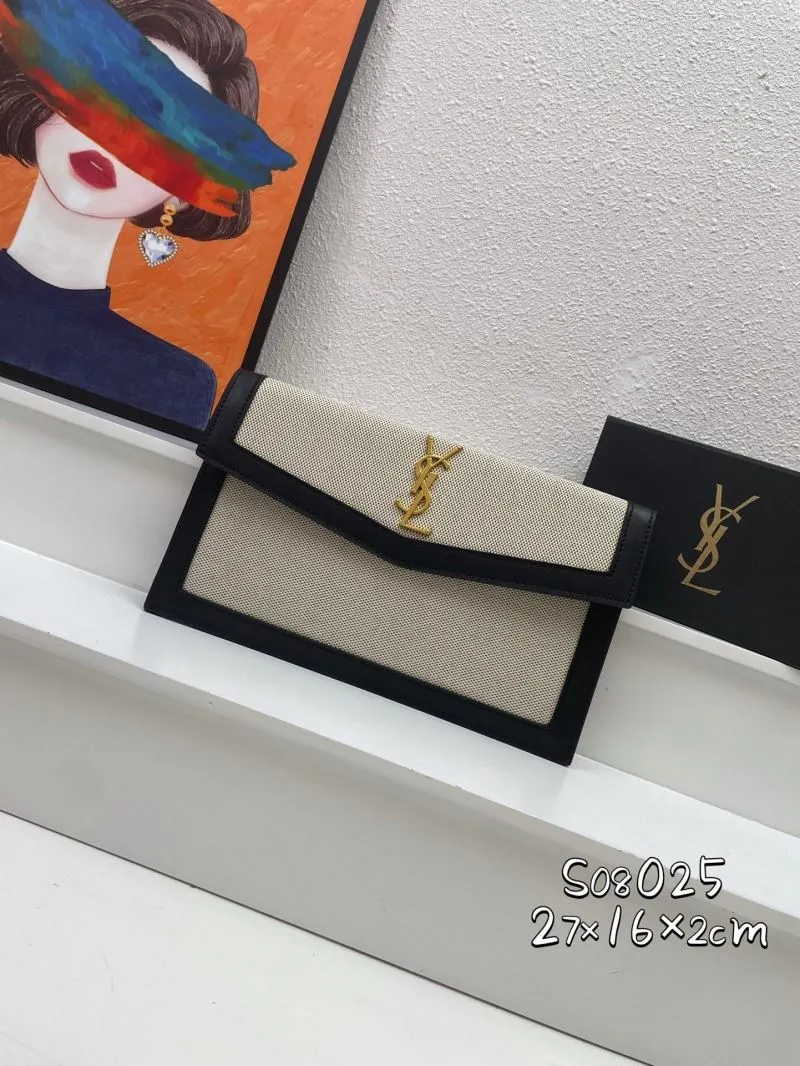 YSL Beige Black Canvas Clutch Bag S08025