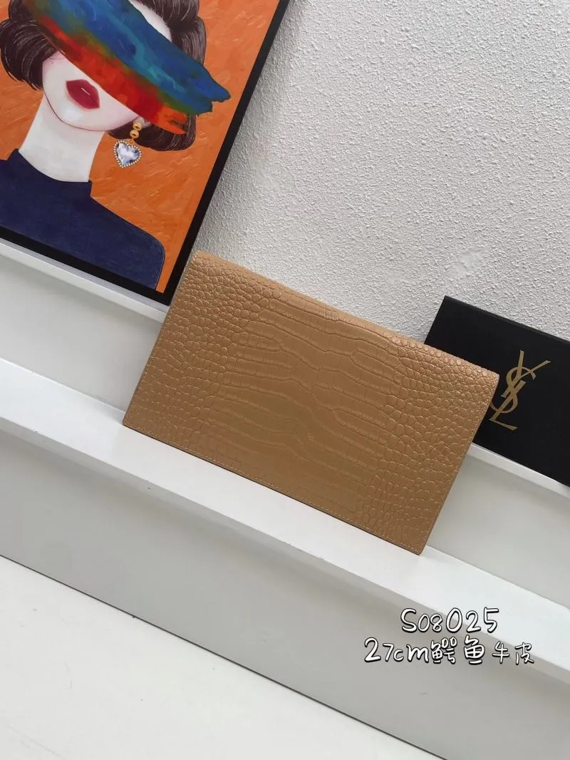 YSL Crocodile Embossed Leather Clutch S08025 Tan 27cm