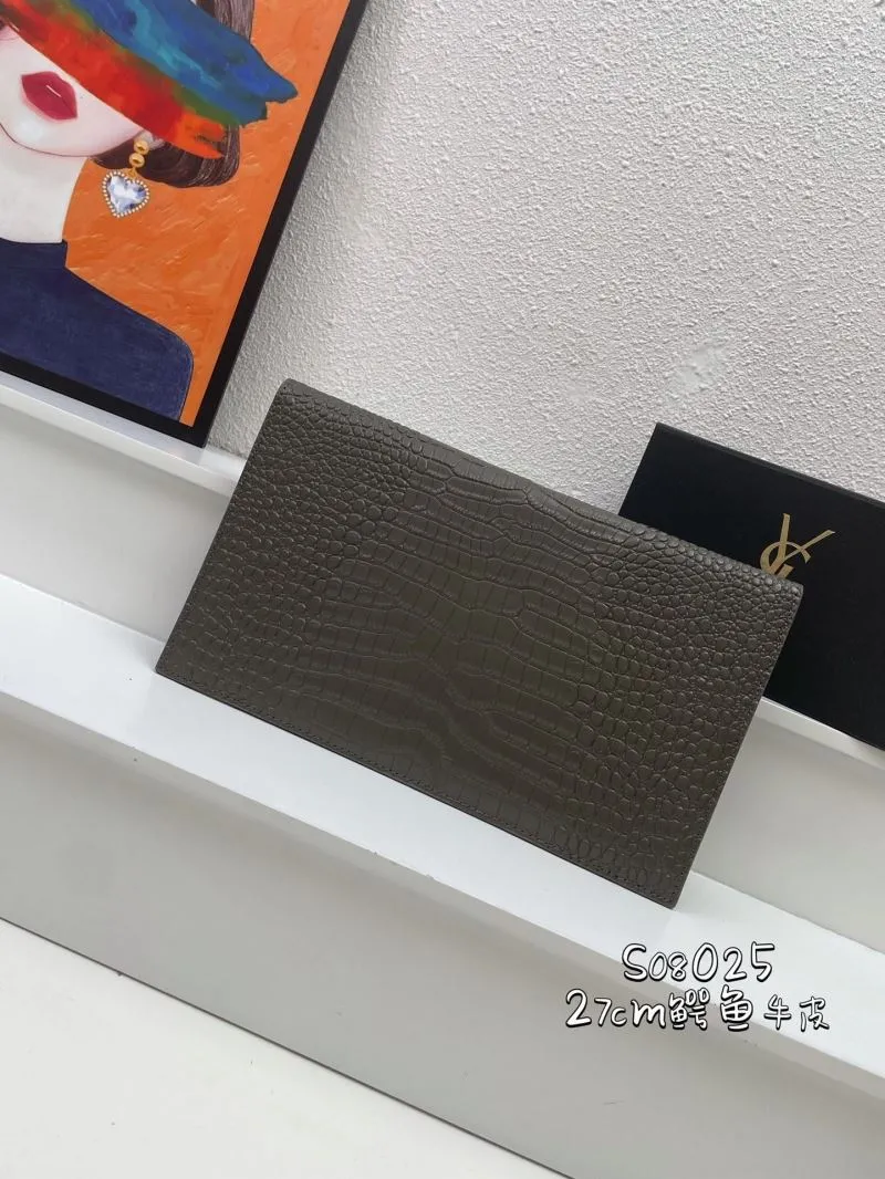 Alternative view of YSL Crocodile Embossed Gray Leather Clutch S08025 27cm
