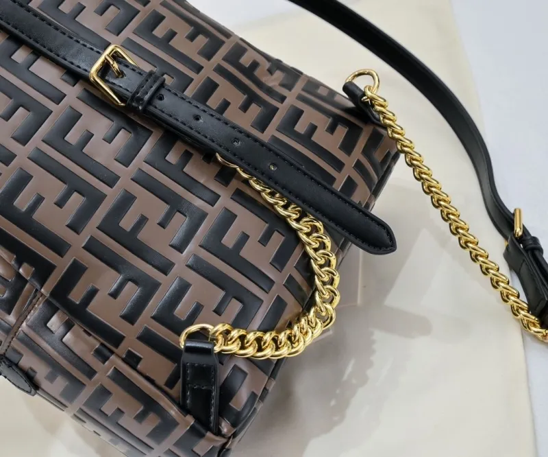 Fendi FF Pattern Brown Black Leather Backpack - Image 3