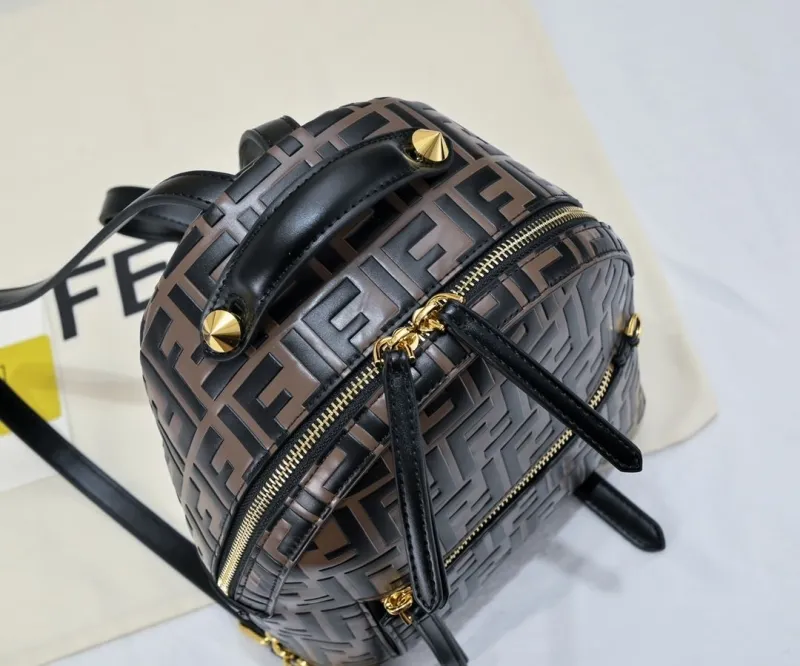 Fendi FF Pattern Brown Black Leather Backpack - Image 4