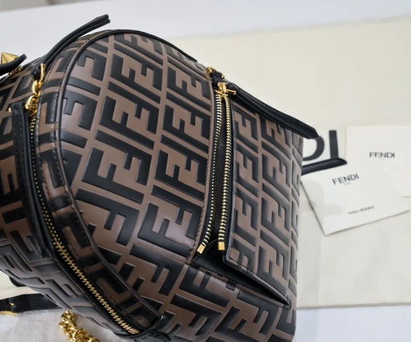Fendi FF Pattern Brown Black Leather Backpack - Image 5