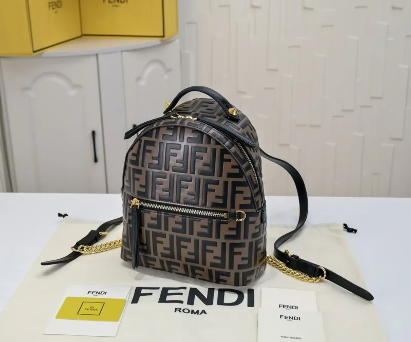 Fendi FF Pattern Brown Black Leather Backpack - Image 6