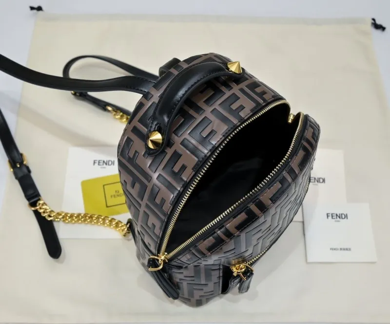 Fendi FF Pattern Brown Black Leather Backpack - Image 9