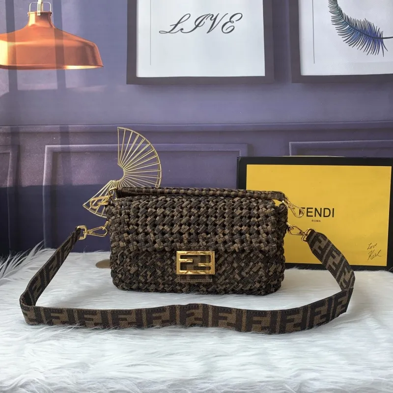 Fendi Brown Woven Baguette Shoulder Bag