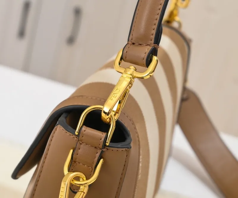 Fendi Brown Beige Striped Baguette Shoulder Bag - Image 3
