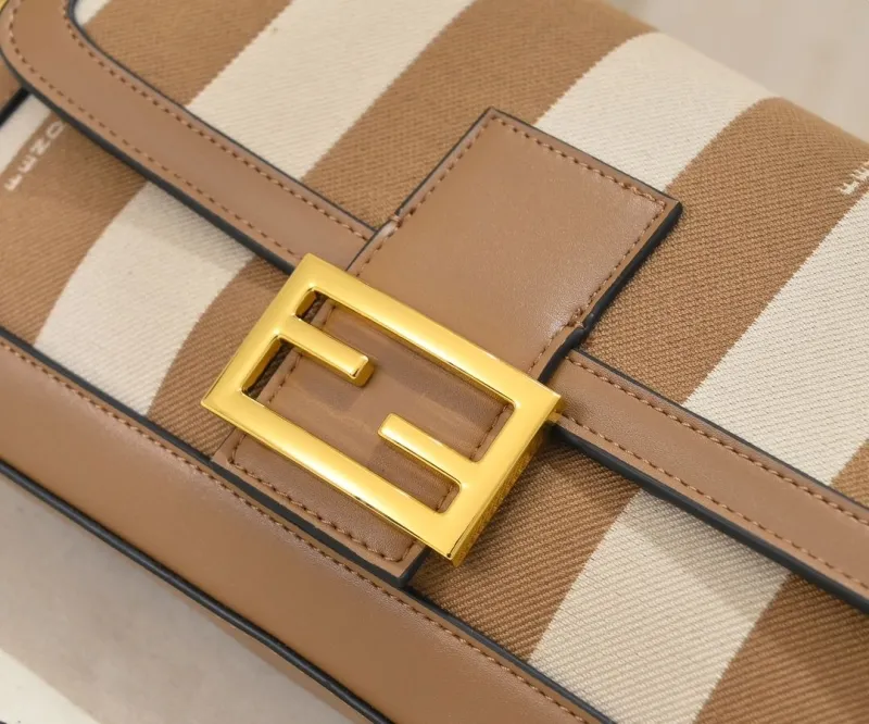 Fendi Brown Beige Striped Baguette Shoulder Bag - Image 4