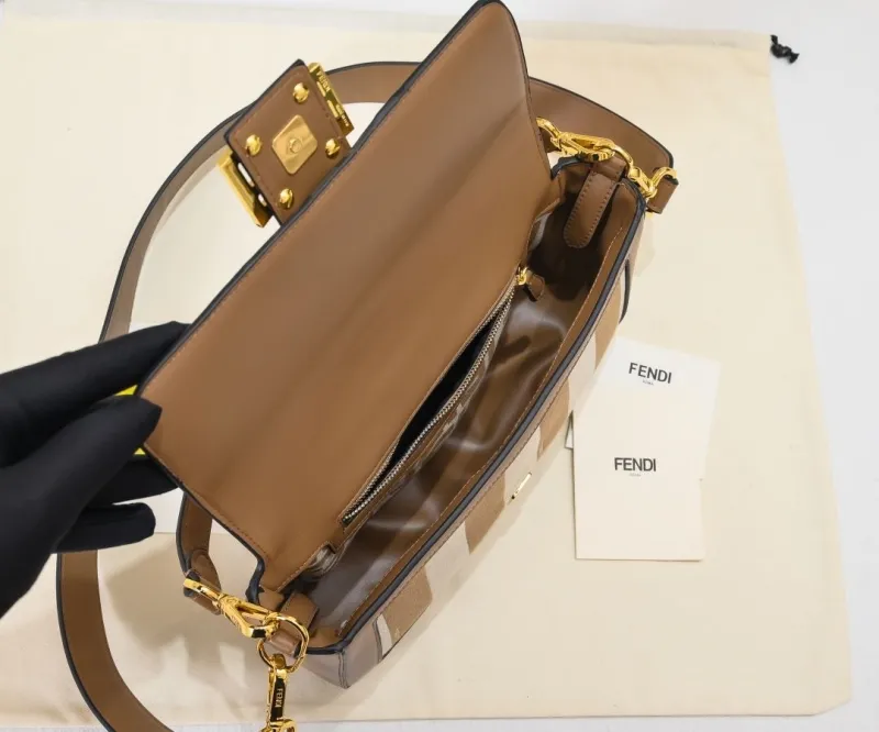 Fendi Brown Beige Striped Baguette Shoulder Bag - Image 9