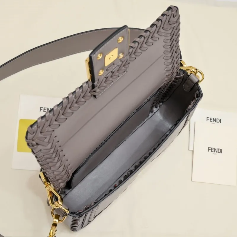 Fendi Gray Woven Baguette Shoulder Bag - Image 9