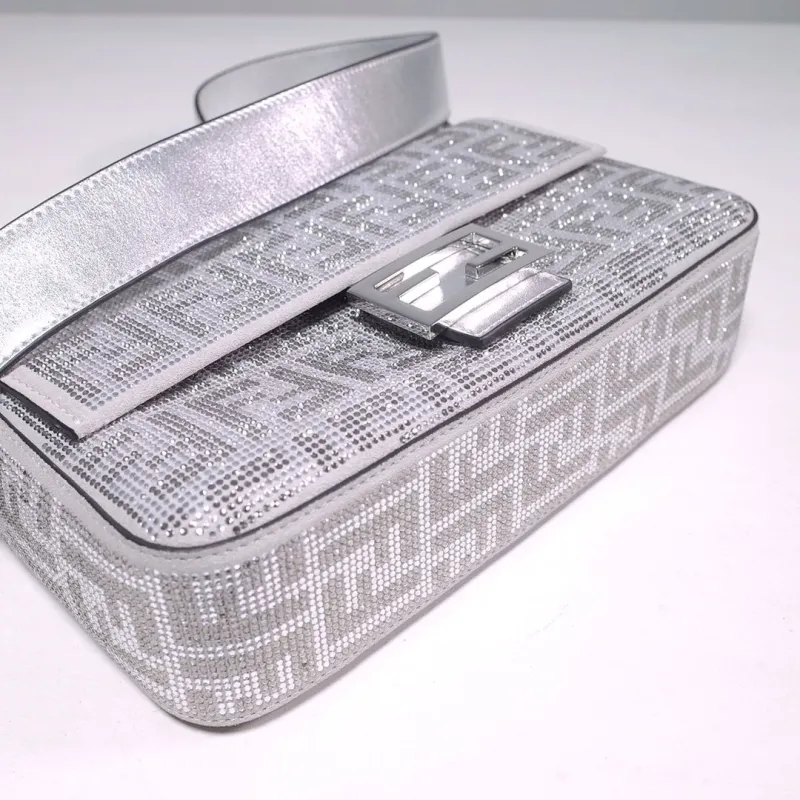 Fendi Silver Crystal Embellished Baguette Bag - Image 3