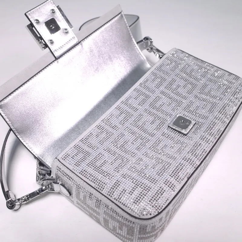 Fendi Silver Crystal Embellished Baguette Bag - Image 7