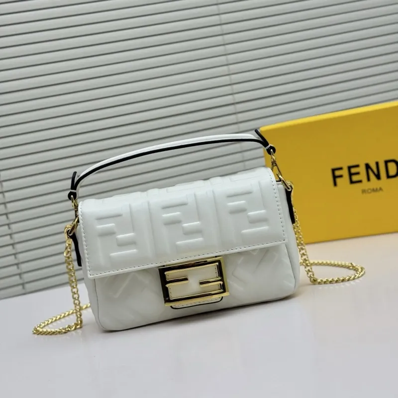 Fendi White Baguette Chain Crossbody Bag