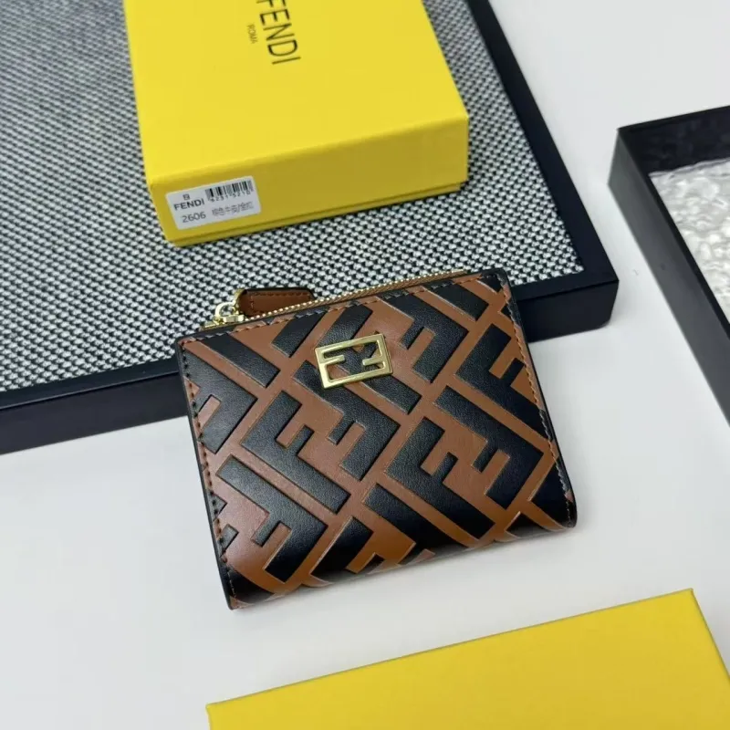 Fendi Brown Black FF Logo Zip Wallet 2606
