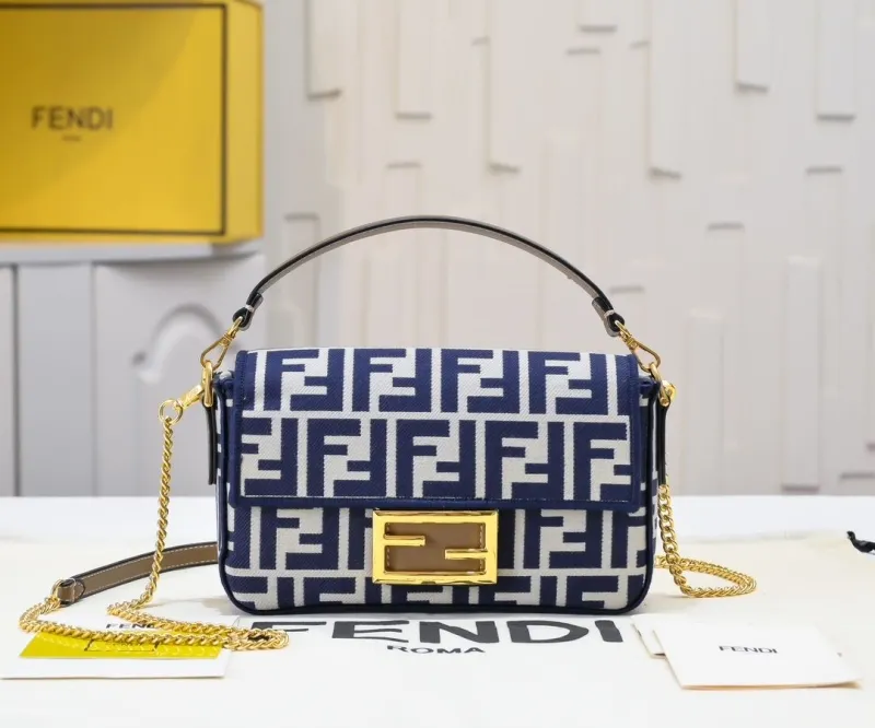 Fendi Blue White FF Monogram Baguette Shoulder Bag