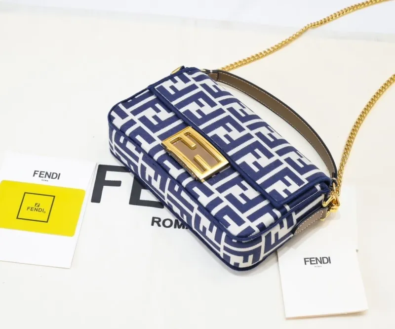 Fendi Blue White FF Monogram Baguette Shoulder Bag - Image 7