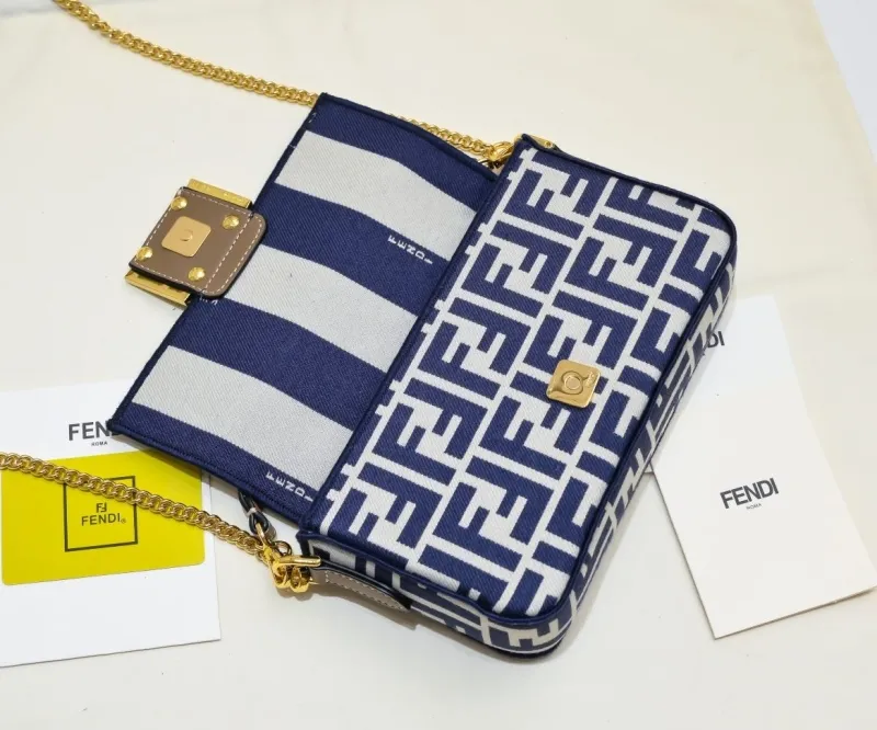 Fendi Blue White FF Monogram Baguette Shoulder Bag - Image 8