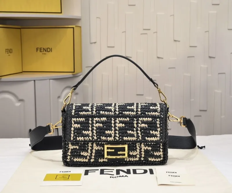 Fendi Black Beige Woven Baguette Shoulder Bag