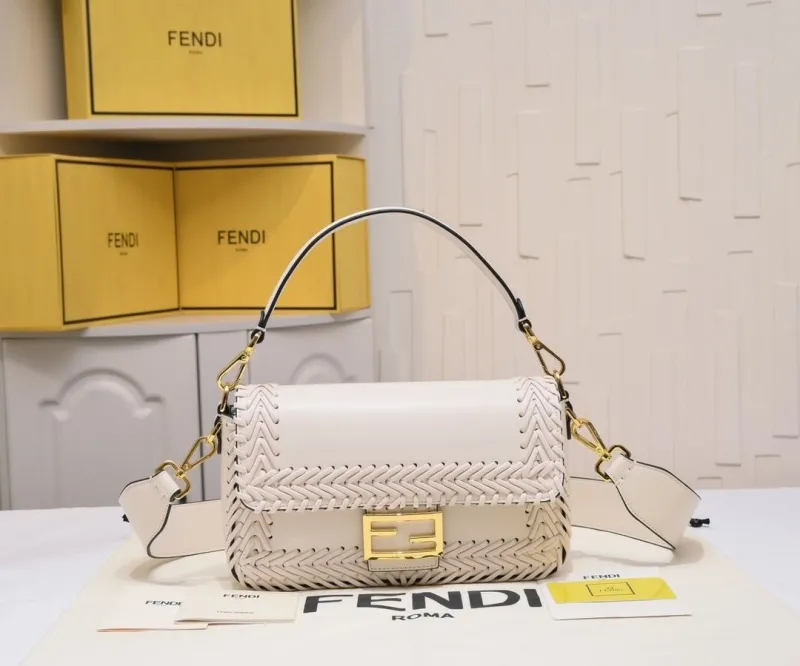 Fendi White Woven Baguette Shoulder Bag