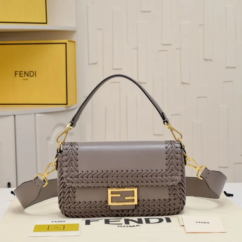 Fendi Gray Woven Leather Baguette Bag