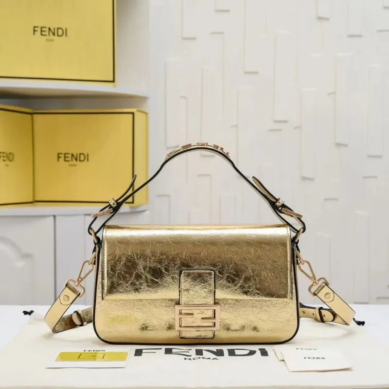 Fendi Gold Metallic Baguette Shoulder Bag 304
