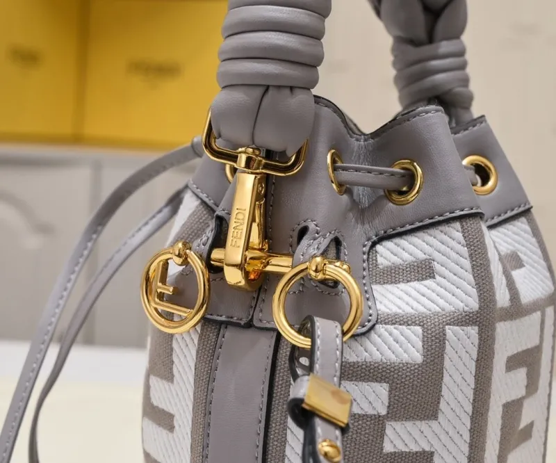 Fendi Gray White FF Logo Bucket Bag - Image 3