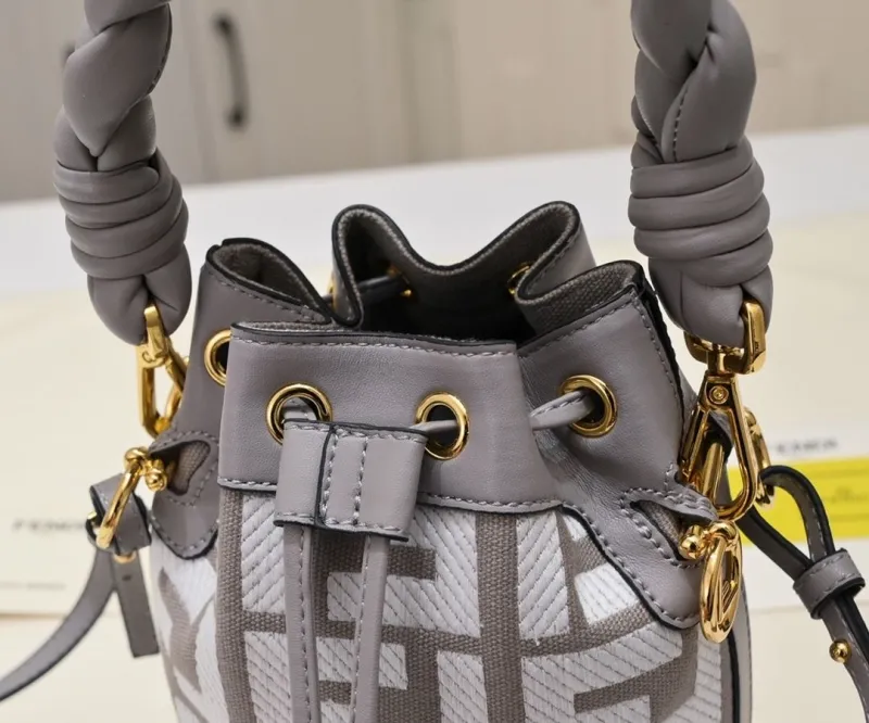 Fendi Gray White FF Logo Bucket Bag - Image 4