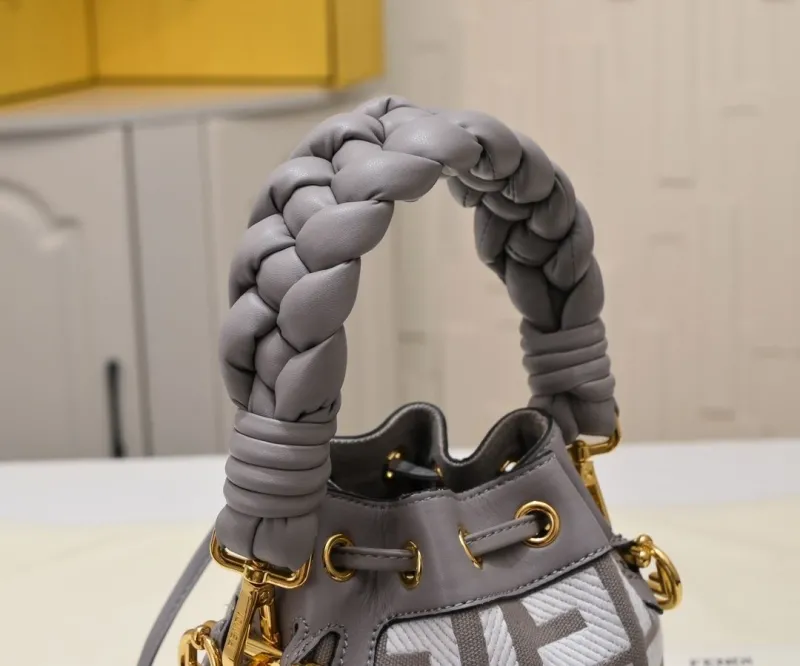 Fendi Gray White FF Logo Bucket Bag - Image 5