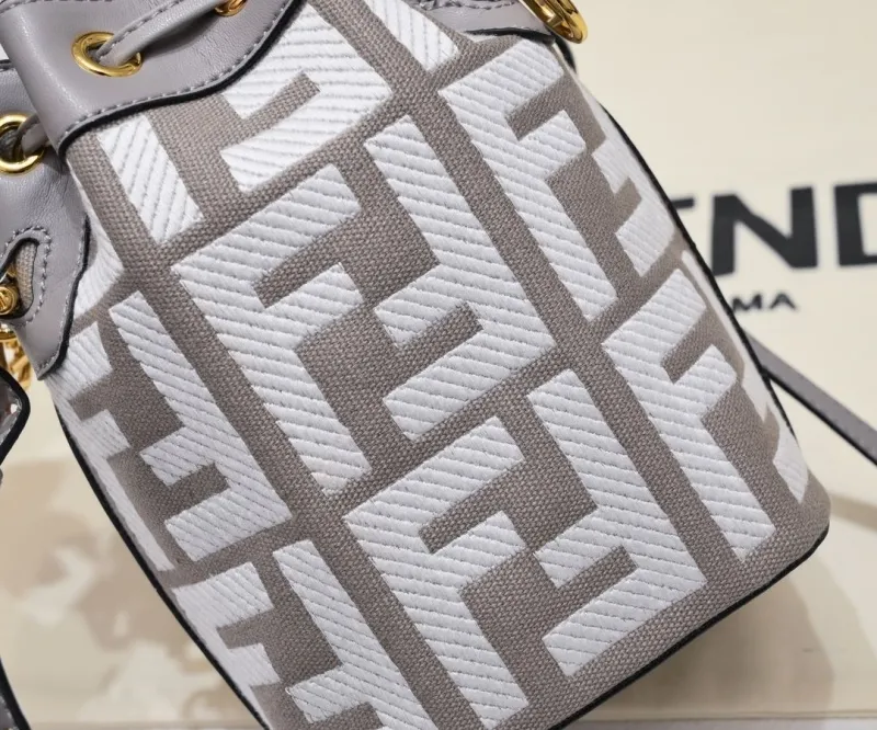 Fendi Gray White FF Logo Bucket Bag - Image 6